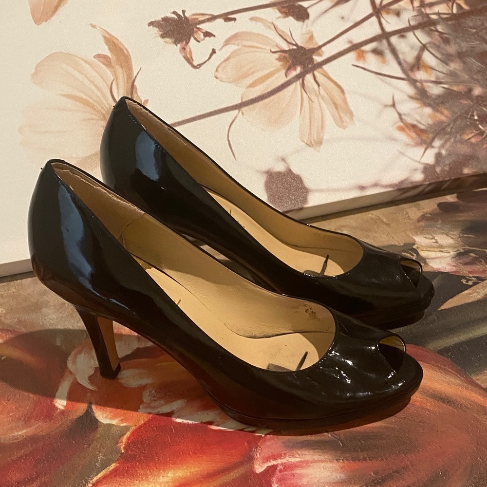 Cole Haan Black Patent Leather Peep-Toe Heels